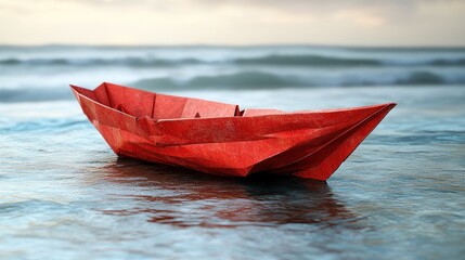 Canvas Print - Red Paper Boat on the Beach