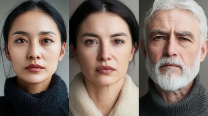 Aufkleber - Three people showcase unique expressions in a neutral-toned setting, highlighting their diverse backgrounds and moods during daylight hours. Generative AI