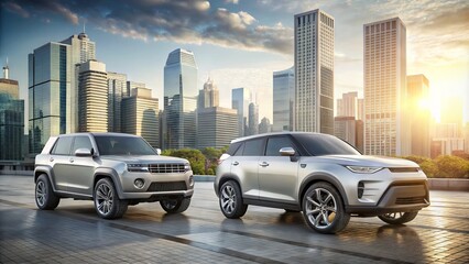 A sleek silver sports car and a rugged off-road SUV parked side by side in a modern urban setting with cityscape background.