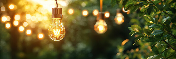 Wall Mural - Photo of string lights hanging in an outdoor setting, with light bulbs emitting a warm glow against greenery and trees. Web banner with copy space