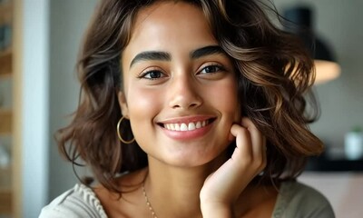 Canvas Print - In a charming café, a young woman with joyful curls smiles warmly while savoring her coffee, immersed in the lively atmosphere around her