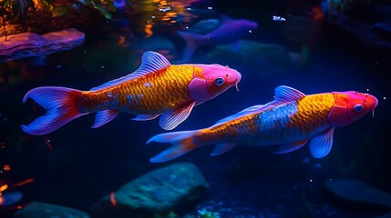 A close-up of two vibrant koi fish gracefully swimming in a beautifully illuminated pond, showcasing their colorful scales against the dark water.