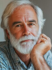 Aufkleber - A mature individual displays a contemplative look while resting his chin on his hand, surrounded by a warm, inviting atmosphere filled with soft light. Generative AI