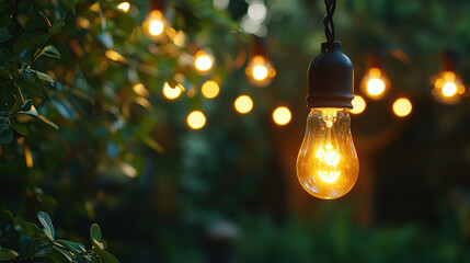 Wall Mural - Photo of string lights hanging in an outdoor setting, with light bulbs emitting a warm glow against greenery and trees. Web banner with copy space