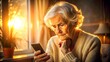 © Man888 - A somber elderly woman sits alone, clutching her phone, her face etched with sorrow and concern as she gazes downward, surrounded by warm, golden light.