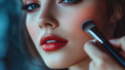 Poster - A detailed shot of a woman touching up her makeup with a brush, with her makeup looking perfect and her expression focused, capturing her dedication to beauty.