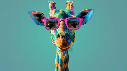 Poster - A colorful giraffe wearing pink glasses, showcasing a playful and artistic design.