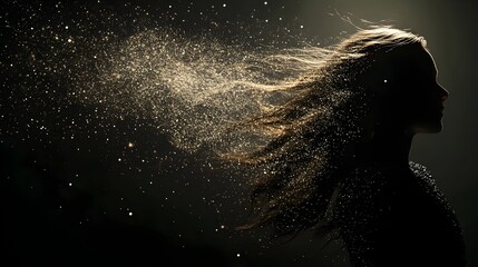 Poster - A conceptual and surreal digital art image depicting a doll dissolving into ethereal particles of light with its faint outline still visible against the abstract backdrop