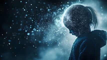 Poster - A conceptual image depicting a doll gradually dissolving into shimmering particles of radiant light with its faint form still visible symbolizing themes of transformation impermanence