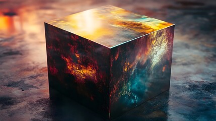 Poster - A conceptual image showcasing a transparent box that reflects an alternate dimensional reality with abstract geometric patterns and ample copy space visible on its surface