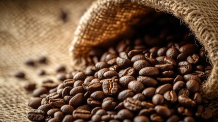 Poster - A detailed shot of coffee beans spilling out of a burlap sack, highlighting the texture and rich brown color of the freshly roasted beans.