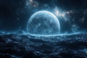 Wall Mural - ethereal moonscape with swirling nebulae silvery light illuminating barren craters hyperdetailed lun
