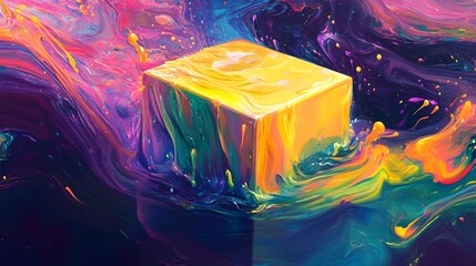 Poster - A conceptual image of a box melting and dissolving into a pool of vibrant liquid light with abstract geometric shapes forming around it creating an ethereal and surreal atmosphere