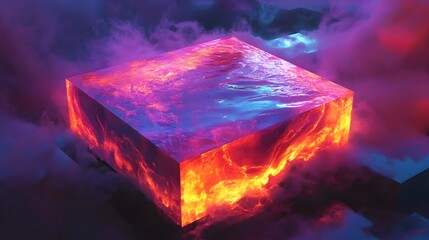 Poster - A conceptual image depicting a box melting and dissolving into a vibrant shimmering pool of liquid light with abstract shapes and forms emerging around it