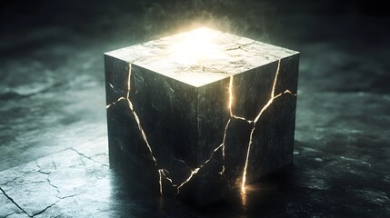 Poster - A conceptual image of a cracked box with its surface breaking apart as if about to burst open and reveal a spill of bright conceptual light   symbolizing the potential for growth transformation