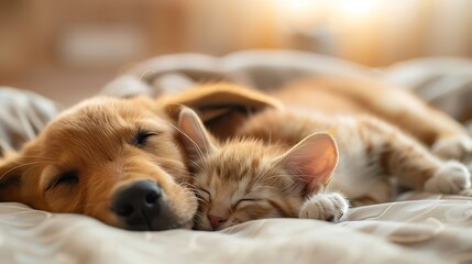 Wall Mural - A dog and a cat sleeping peacefully together on a cozy bed.