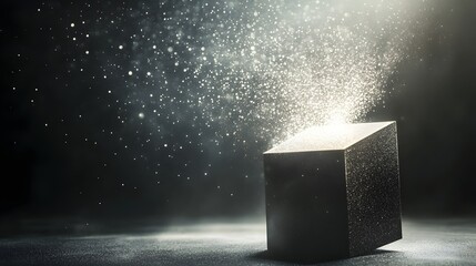 Poster - A conceptual and abstract image depicting a box like form gradually dissolving and fragmenting into shimmering particles of luminous energy with the faint outline of the original shape still visible