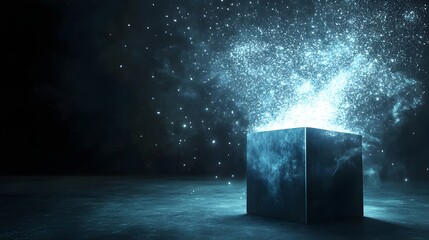 Poster - Conceptual image of a box dissolving into luminous particles of light with its form still faintly visible creating a sense of transformation and the ephemeral nature of matter