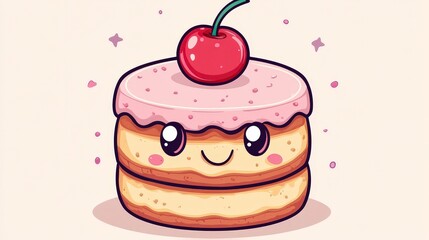 Wall Mural - A cute cartoon-style cake with a cherry on top, exuding a playful and inviting vibe.