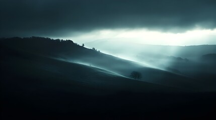 Poster - A conceptual image portraying the dramatic moment when darkness creeps across a serene rural landscape as the final rays of light disappear into the twilight