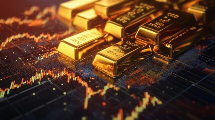 Poster - A dramatic shot of gold bars with a backdrop of a financial chart, illustrating significant price changes and market reactions over time.