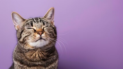 Sticker - A content tabby cat with closed eyes, enjoying a moment of relaxation against a purple background.