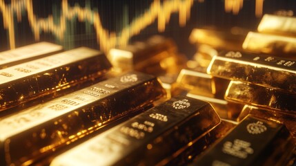 Poster - A dramatic shot of gold bars with a backdrop of a financial chart, illustrating significant price changes and market reactions over time.