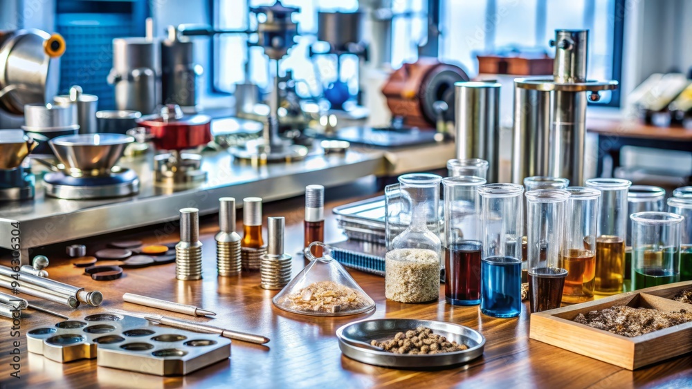 Close-up view of various materials, including metals, woods, and ...