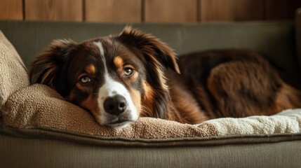 Aufkleber - A fluffy dog sitting in a cozy bed, with its head resting on a plush pillow and a sweet, sleepy expression on its face