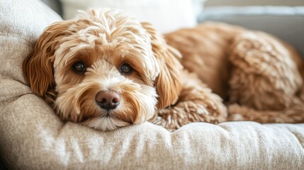 Aufkleber - A fluffy dog sitting in a cozy bed, with its head resting on a plush pillow and a sweet, sleepy expression on its face