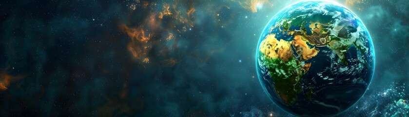 Poster - digital globe blending nature and technology planet earth concept with cosmic atmosphere