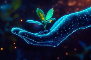 A hand holding a small plant in the palm of a person's hand