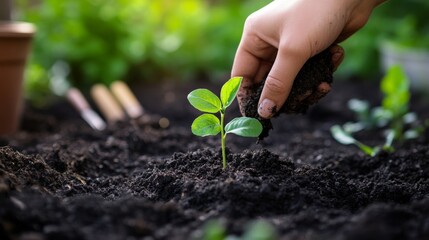 Aufkleber - A focused view of a person hand planting a tiny sapling, with the surrounding soil and small garden tools in the background.