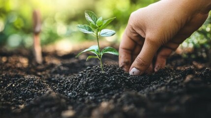Aufkleber - A focused view of a person hand planting a tiny sapling, with the surrounding soil and small garden tools in the background.