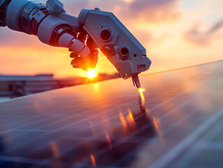 Poster - A robotic arm working on a solar panel during sunset, symbolizing advanced technology in renewable energy and automation.