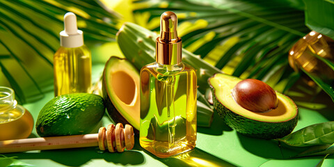 A kitchen counter stocked with fresh ingredients like avocado, honey, and aloe vera, ready to be mixed into a DIY skin care recipe. Leave space at the top of the image for text.
