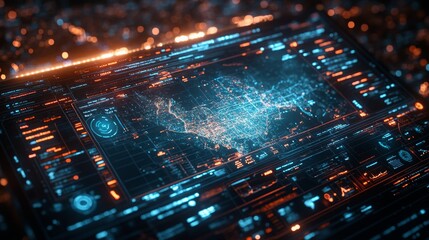 Poster - This holographic interface displays intricate political data and trends over a city landscape, showcasing advanced technology for research.