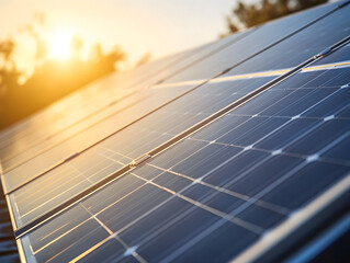 Poster - A close-up of solar panels capturing sunlight at sunrise, showcasing the efficiency and potential of renewable energy technology.