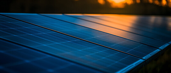 Poster - Rows of solar panels absorbing the last light of the setting sun, showcasing the harnessing of renewable energy at dusk.