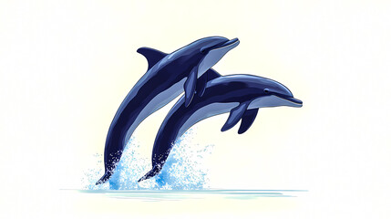 Two dolphins are jumping out of the water, creating a splash