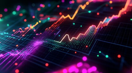 Poster - a futuristic 3d line graph with intersecting lines and data points, illuminated with neon colors, di