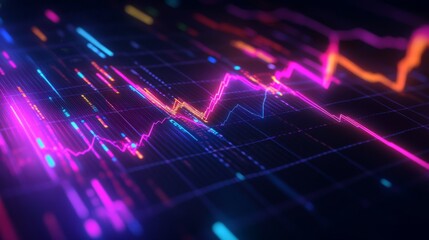 Poster - a futuristic 3d line graph with intersecting lines and data points, illuminated with neon colors, di