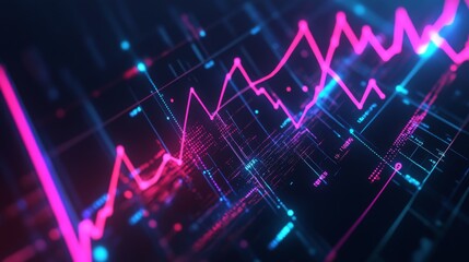 Poster - A futuristic 3D line graph with intersecting lines and data points, illuminated with neon colors, displaying complex business metrics and trends.