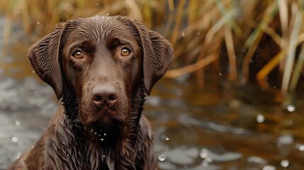 Poster - A close-up of a wet brown dog with soulful eyes amidst a natural water setting.