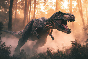 Wall Mural - A T rex dinosaur rips through a prehistoric forest