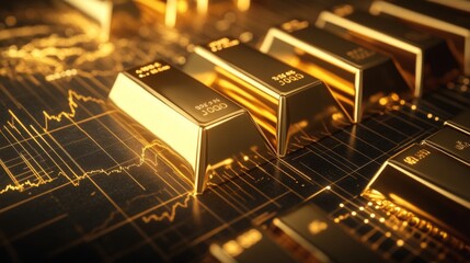 Poster - A gold price graph with a series of golden bars representing data over time, with detailed labels and indicators on a sleek, dark background.