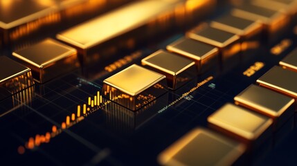 Poster - A gold price graph with a series of golden bars representing data over time, with detailed labels and indicators on a sleek, dark background.