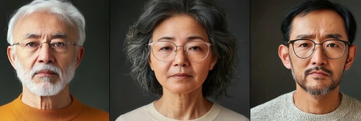 Aufkleber - Three distinct elderly individuals showcase their unique features and expressions, highlighting wisdom and experience in a dimly lit environment. Generative AI