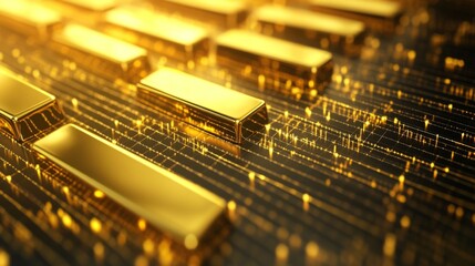 Poster - a gold price graph with a series of golden bars representing data over time, with detailed labels an
