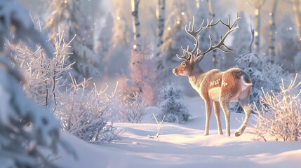 Wall Mural - A serene winter landscape featuring a deer amidst snowy trees, capturing the beauty of nature.